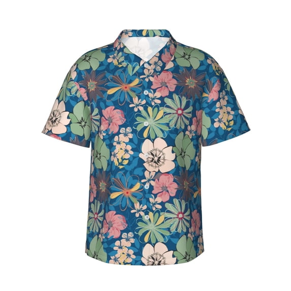 Gukieu Colorful Flowers Print Men's Short-sleeved Shirts, Button-down Lapel Hawaiian Shirts, T-shirts, Beach Vacation Summer Casual Wear,Medium