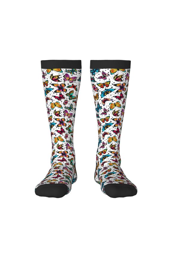 Colorful Flying Butterflies Print Contrast Color Stockings, Elastic Sports Socks Warm Socks Clothing Accessories, Adult Unisex