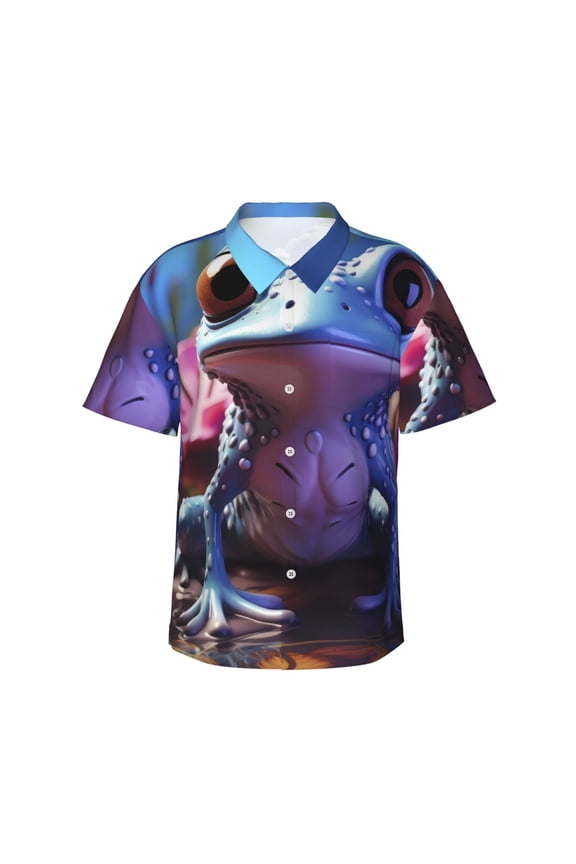 Colorful Frog Among Flowers Print Men's Short-sleeved Shirts, Button-down Lapel Hawaiian Shirts, T-shirts, Beach Vacation Summer Casual Wear,Medium