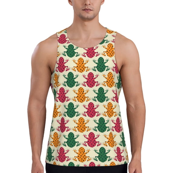 Gukieu Colorful Frogs Print Men's Quick Dry Fitness Vest, Round Neck Sleeveless Fitness Bodybuilding Top-Small