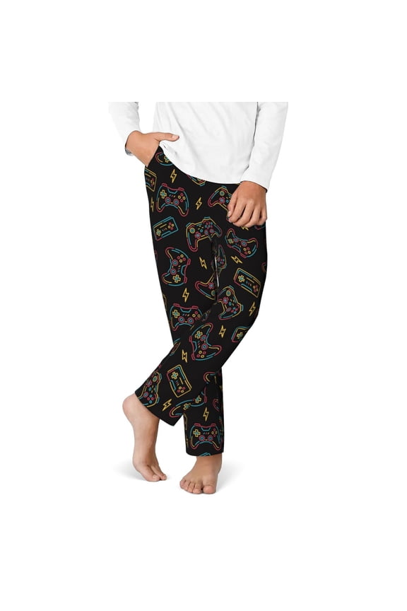 Colorful Game Controller Print Youth Home Trousers, Elastic Waistband with Pockets for Home and Outing, Suitable for Children Aged 5-16-XS(5-6)