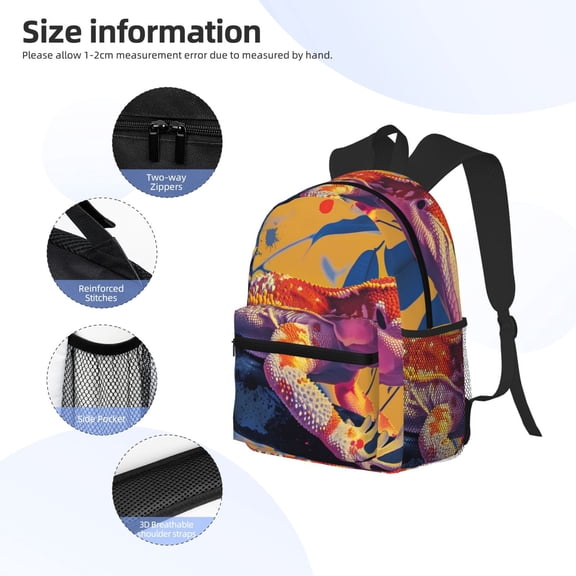 Gukieu Colorful Gecko Jungle Art Print Backpack, Waterproof Backpack with Adjustable Shoulder Straps, Suitable for Campus, Business, Travel, Unisex