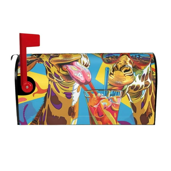 Gukieu Colorful Giraffes with Drinks Print Magnetic Mailbox Cover, Sun-proof and Waterproof Home Yard Mailbox Cover-21x18 in