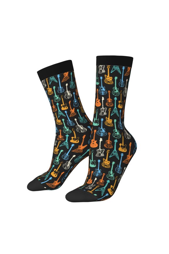 Colorful Guitar Print Contrast Color Mid-calf Socks, Sweat-wicking Athletic Socks, Unisex Clothing Accessories