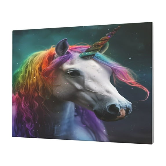 Gukieu Colorful Haired White Horse Print Horizontal Canvas Decorative Painting 12x16 Inch Shrinkage Resistant Frame Hanging Home Wall Art Decor