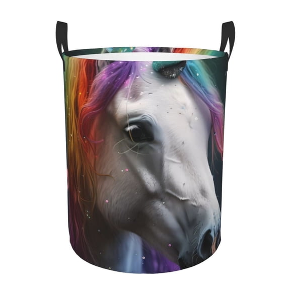 Gukieu Colorful Haired White Horse Print Round Dirty Clothes Bag, Waterproof Standing Home Bathroom Storage Basket Car Trunk Storage Bag-Small