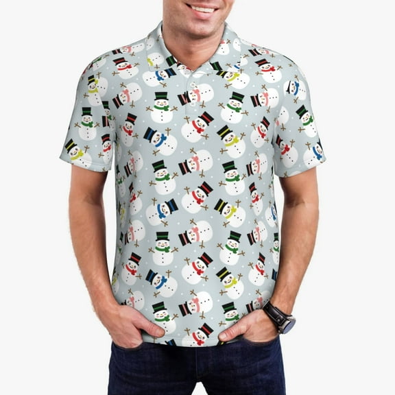Gukieu Colorful Hat Snowman Print Men's Quick-drying POLO Shirt, Button-down Summer T-shirt, Suitable for Work and Outdoor Activities-Small