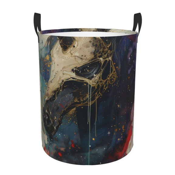 Gukieu Colorful Ink Cute Horse Print Round Dirty Clothes Bag, Waterproof Standing Home Bathroom Storage Basket Car Trunk Storage Bag-Small