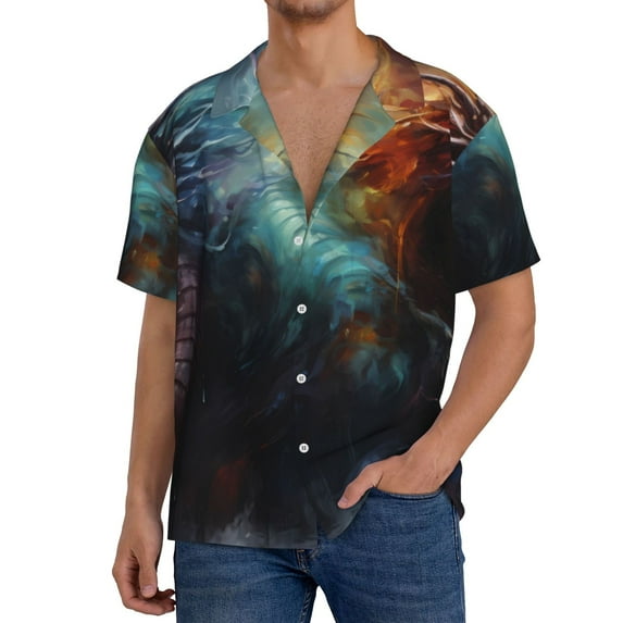 Gukieu Colorful Ink Style Dragon Print Men's Short-sleeved Shirts, Button-down Pocket Shirts, T-shirts, Beach Vacation Travel Summer Clothing-Medium