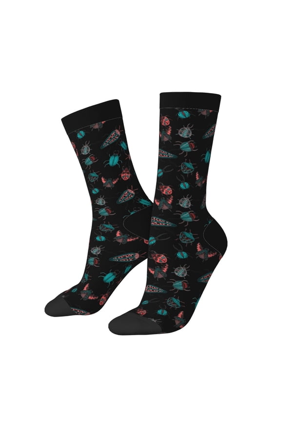 Colorful Insect Print Contrast Color Mid-calf Socks, Sweat-wicking Athletic Socks, Unisex Clothing Accessories