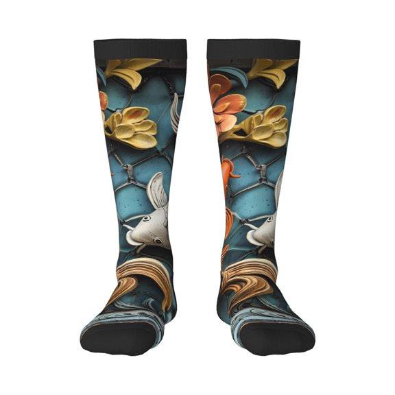 Gukieu Colorful Koi Fish Art Print Contrast Color Stockings, Elastic Sports Socks Warm Socks Clothing Accessories, Adult Unisex