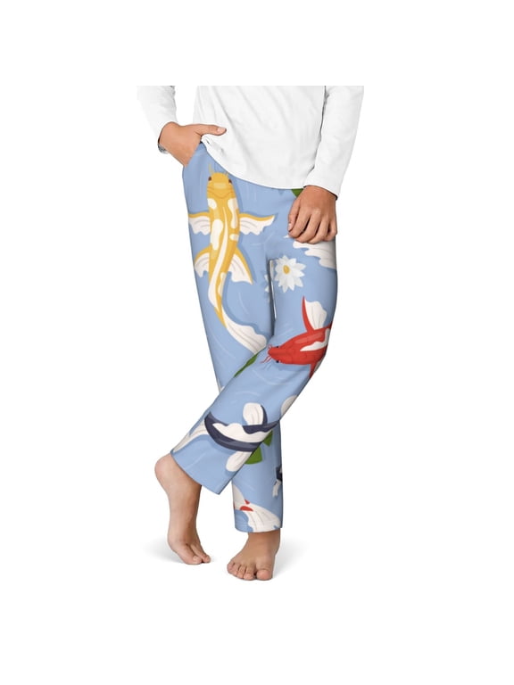 Colorful Koi Fish Print Youth Home Trousers, Elastic Waistband with Pockets for Home and Outing, Suitable for Children Aged 5-16-XS(5-6)
