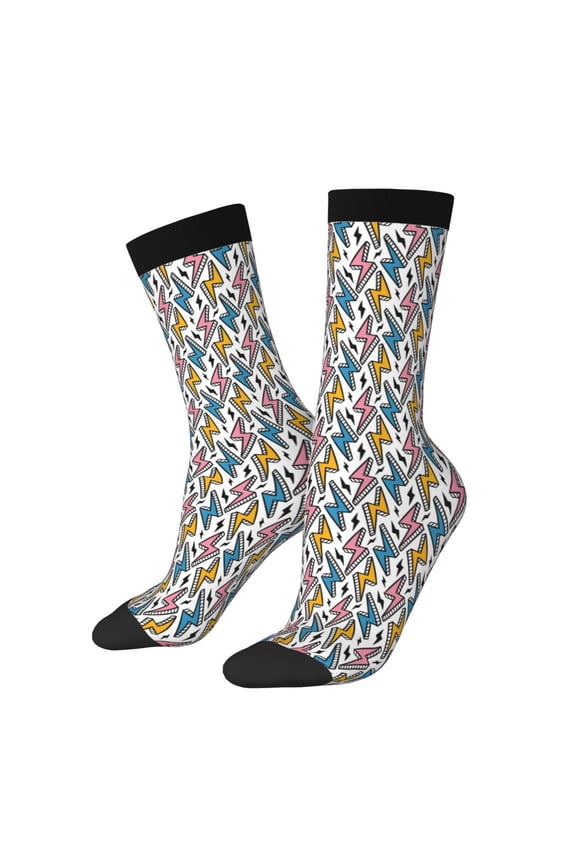 Colorful Lightning Bolts Print Contrast Color Mid-calf Socks, Sweat-wicking Athletic Socks, Unisex Clothing Accessories