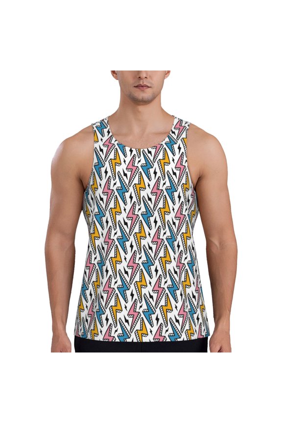 Colorful Lightning Bolts Print Men's Quick Dry Fitness Vest, Round Neck Sleeveless Fitness Bodybuilding Top-Large