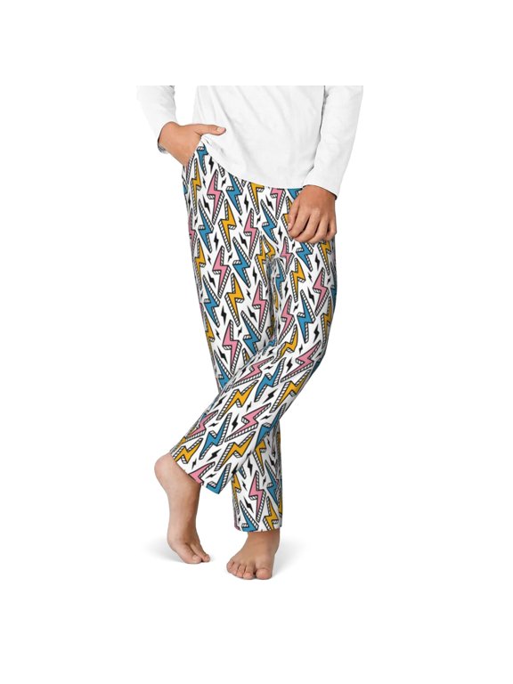 Colorful Lightning Bolts Print Youth Home Trousers, Elastic Waistband with Pockets for Home and Outing, Suitable for Children Aged 5-16-Medium