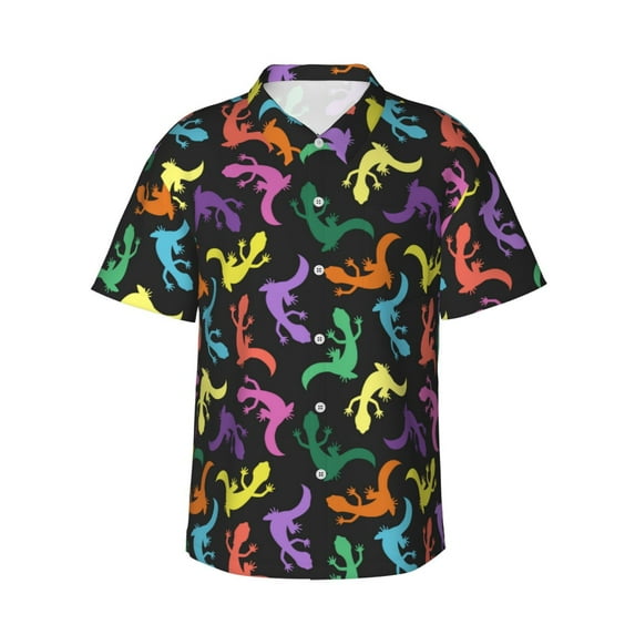 Gukieu Colorful Lizards Print Men's Short-sleeved Shirts, Button-down Lapel Hawaiian Shirts, T-shirts, Beach Vacation Summer Casual Wear,XX-Large