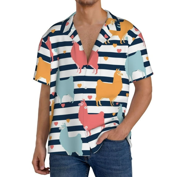 Gukieu Colorful Llama Print Men's Short-sleeved Shirts, Button-down Pocket Shirts, T-shirts, Beach Vacation Travel Summer Clothing-Medium