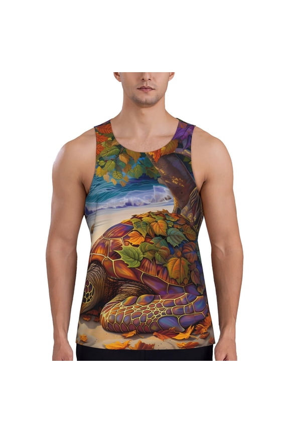 Colorful Maple Leaf Beach Turtle Print Men's Quick Dry Fitness Vest, Round Neck Sleeveless Fitness Bodybuilding Top-Medium