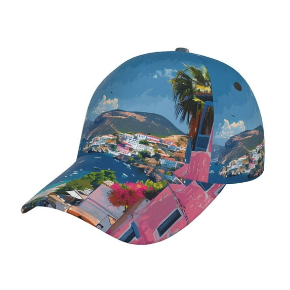 Gukieu Colorful Mediterranean Village Prin Baseball Cap, Adjustable Sweat-wicking Daily,Travel, Sports Cap, Unisex