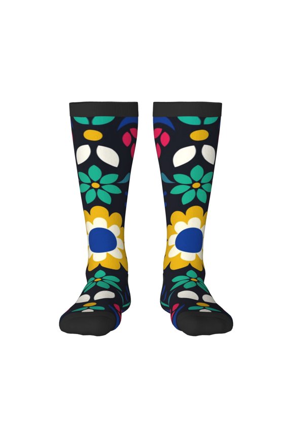 Colorful Mexican Flower Print Contrast Color Stockings, Elastic Sports Socks Warm Socks Clothing Accessories, Adult Unisex