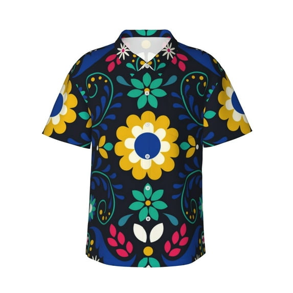 Gukieu Colorful Mexican Flower Print Men's Short-sleeved Shirts, Button-down Lapel Hawaiian Shirts, T-shirts, Beach Vacation Summer Casual Wear,X-Large
