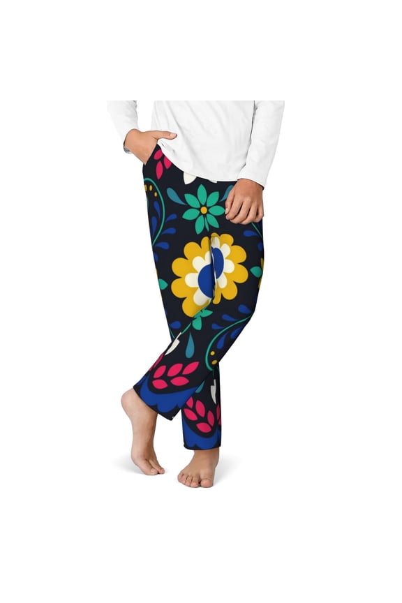 Colorful Mexican Flower Print Youth Home Trousers, Elastic Waistband with Pockets for Home and Outing, Suitable for Children Aged 5-16-Small
