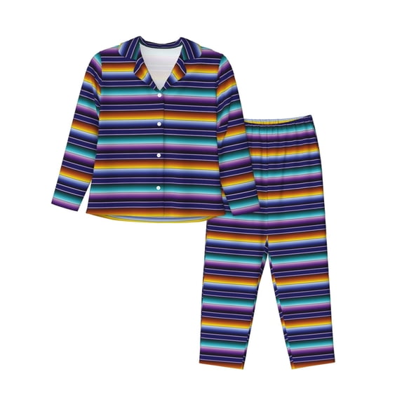 Gukieu Colorful Mexican Stripes Print Women's Long Sleeve Pajama Set, Button Top Elastic Pocket Pajama Pants Two Piece Set Home Wear-Medium