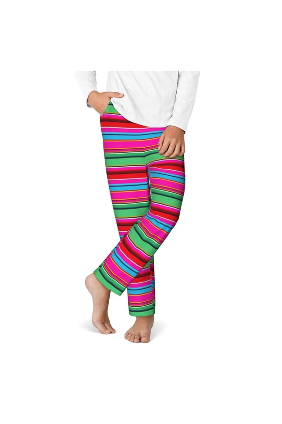 Colorful Mexican Stripes Print Youth Home Trousers, Elastic Waistband with Pockets for Home and Outing, Suitable for Children Aged 5-16-Small