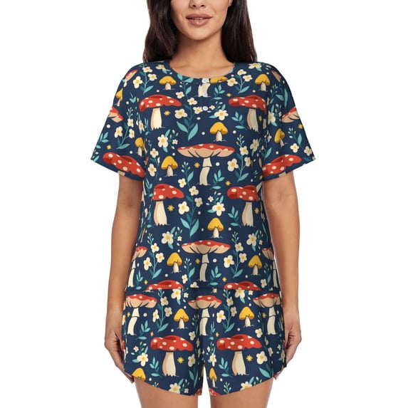 Gukieu Colorful Mushrooms Print Women's Short-sleeved Pajama Set, Round Neck Button Top Elastic Shorts 2-piece Set, Summer Home Leisure Clothing-XX-Large