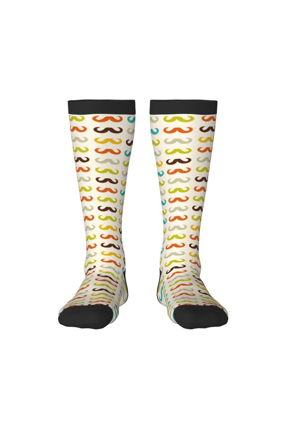 Colorful Mustache Print Contrast Color Stockings, Elastic Sports Socks Warm Socks Clothing Accessories, Adult Unisex