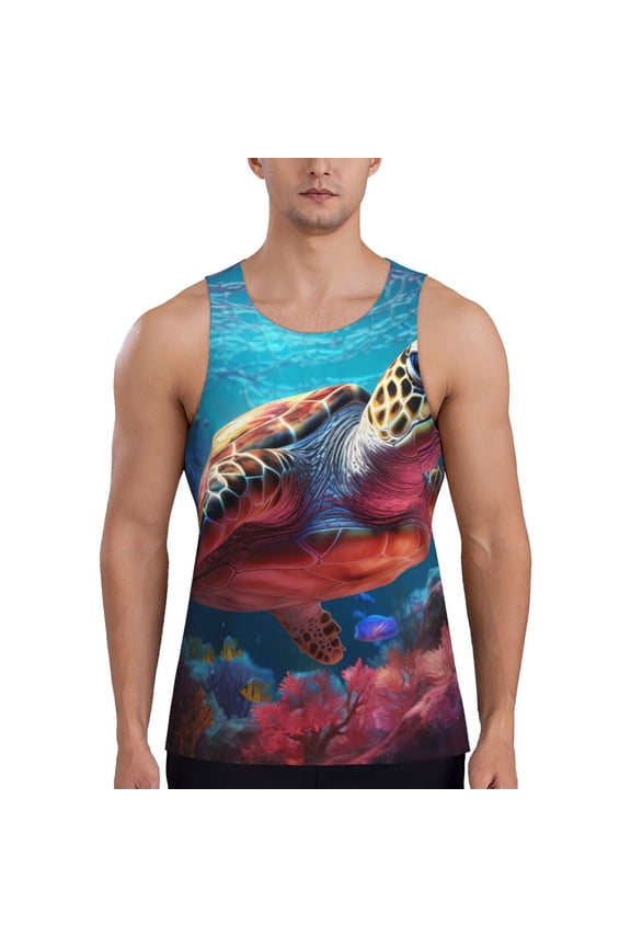 Colorful Ocean Sea Turtle Print Men's Quick Dry Fitness Vest, Round Neck Sleeveless Fitness Bodybuilding Top-Small