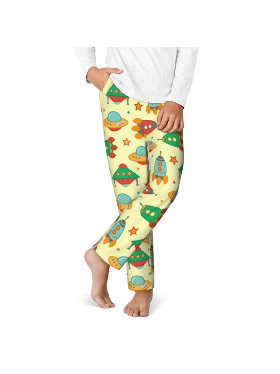 Colorful Outer Space Print Youth Home Trousers, Elastic Waistband with Pockets for Home and Outing, Suitable for Children Aged 5-16-Small
