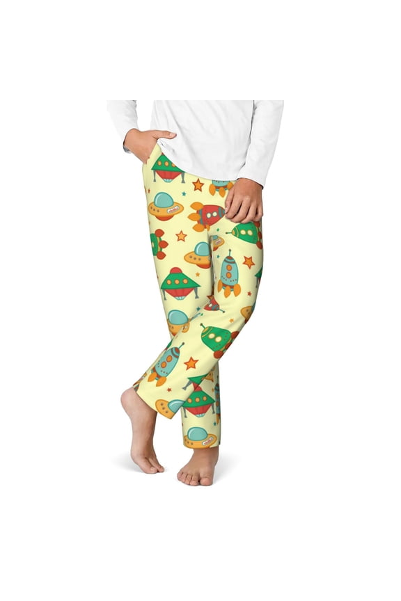 Colorful Outer Space Print Youth Home Trousers, Elastic Waistband with Pockets for Home and Outing, Suitable for Children Aged 5-16-Small