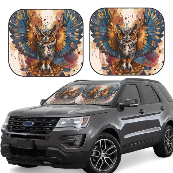 Gukieu Colorful Owl Tattoo Art Print Car Windshield Sun Visor, Foldable Anti-UV Car Sun Visor Suitable for Vans, Trucks Car Accessories-Medium