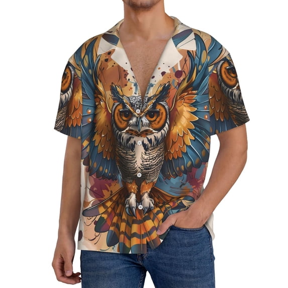 Gukieu Colorful Owl Tattoo Art Print Men's Short-sleeved Shirts, Button-down Pocket Shirts, T-shirts, Beach Vacation Travel Summer Clothing-X-Large