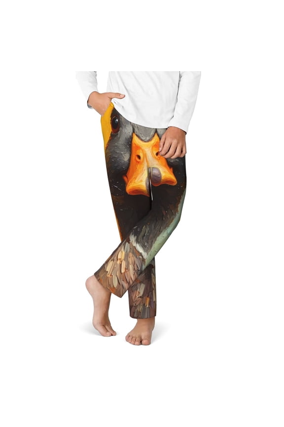 Colorful Painted Duck Print Youth Home Trousers, Elastic Waistband with Pockets for Home and Outing, Suitable for Children Aged 5-16-Small