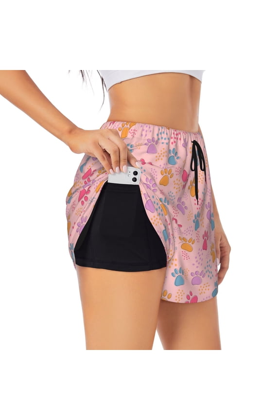 Colorful Pets Paws Print Women's Sports Shorts with Drawstring Elastic Waistband for Running, Yoga, Fitness-Medium