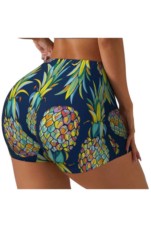 Colorful Pineapples Print Women's Sports Shorts, Elastic Waist High Stretch Running Yoga Gym Sweatpants-Large