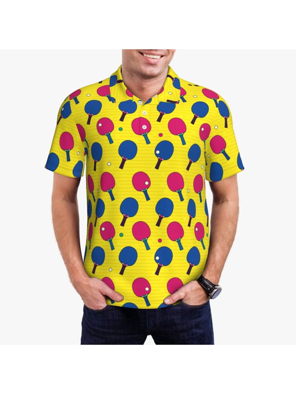 Colorful Ping Pong Print Men's Quick-drying POLO Shirt, Button-down Summer T-shirt, Suitable for Work and Outdoor Activities-Small