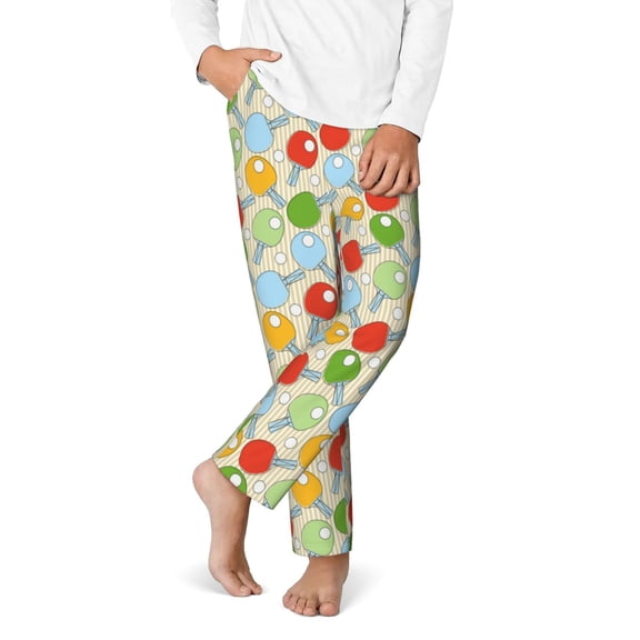 Gukieu Colorful Ping Pong Rackets1 Print Youth Home Trousers, Elastic Waistband with Pockets for Home and Outing, Suitable for Children Aged 5-16-XS(5-6)