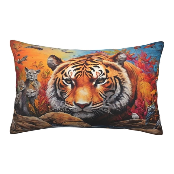Gukieu Colorful Plant Tiger Print Plush Pillow Cover, Hidden Zipper Pillow Protector without Pillow Core, Suitable for Bedroom, Office, Car Decoration-14"x20"