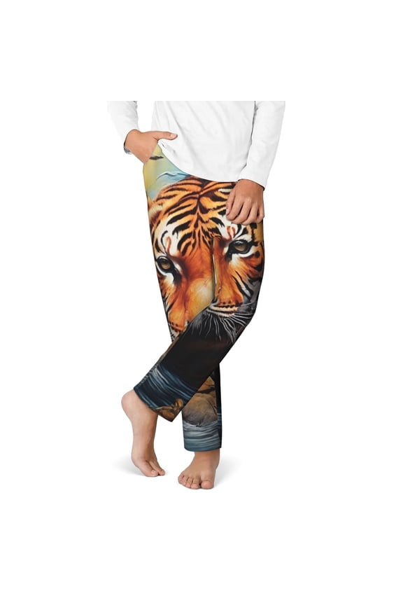 Colorful Plant Tiger Print Youth Home Trousers, Elastic Waistband with Pockets for Home and Outing, Suitable for Children Aged 5-16-XS(5-6)