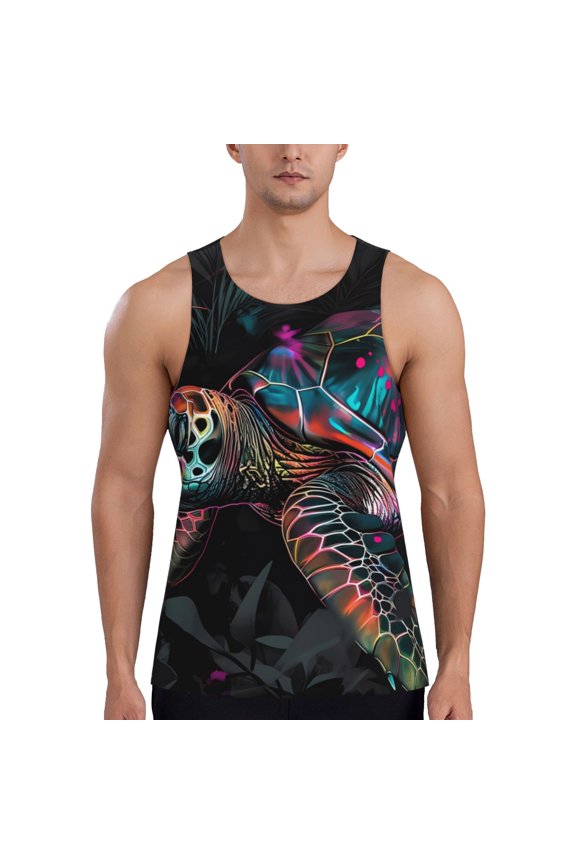 Colorful Plant Turtle A Print Men's Quick Dry Fitness Vest, Round Neck Sleeveless Fitness Bodybuilding Top-3X-Large