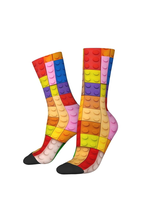 Colorful Plastic Blocks Pattern Print Contrast Color Mid-calf Socks, Sweat-wicking Athletic Socks, Unisex Clothing Accessories