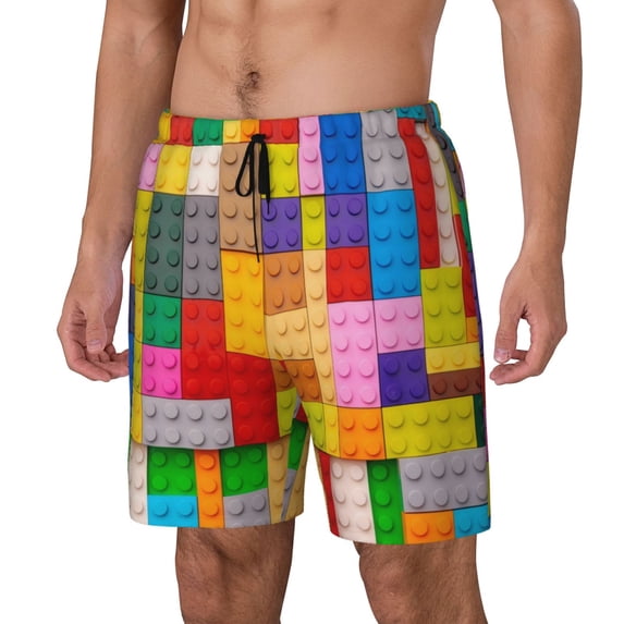 Gukieu Colorful Plastic Blocks Pattern Print Men's Double Layer Sports Swim Trunks, Quick Dry Adjustable Waist Swim Shorts Swimwear-Small