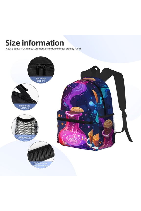 Colorful Potion Bottles Magic Print Backpack, Waterproof Backpack with Adjustable Shoulder Straps, Suitable for Campus, Business, Travel, Unisex
