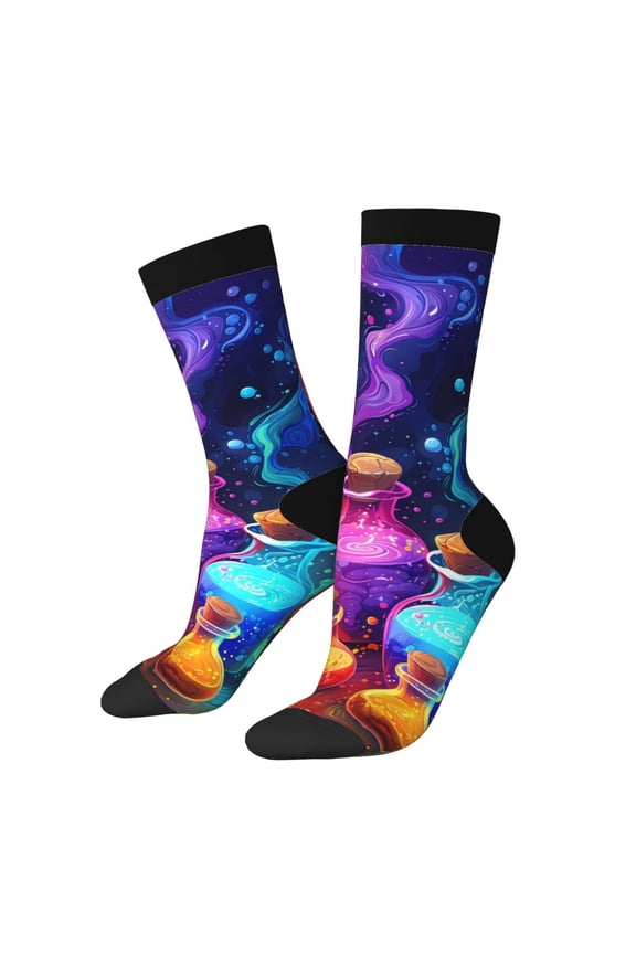 Colorful Potion Bottles Magic Print Contrast Color Mid-calf Socks, Sweat-wicking Athletic Socks, Unisex Clothing Accessories