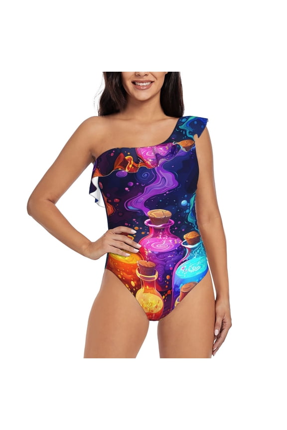 Colorful Potion Bottles Magic Print One-shoulder Ruffled One-piece Swimsuit with Removable Chest Pads and Tummy-control Swimsuit for Women-
