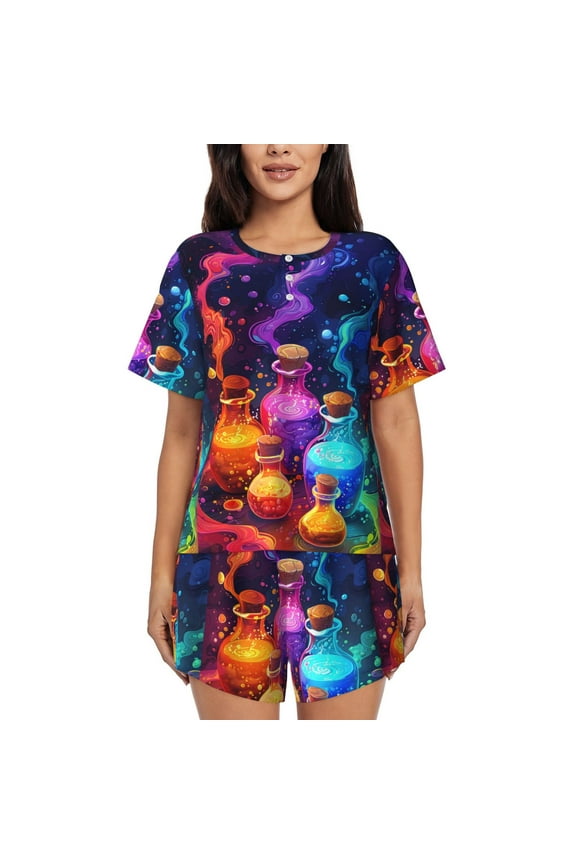 Colorful Potion Bottles Magic Print Women's Short-sleeved Pajama Set, Round Neck Button Top Elastic Shorts 2-piece Set, Summer Home Leisure Clothing-Medium