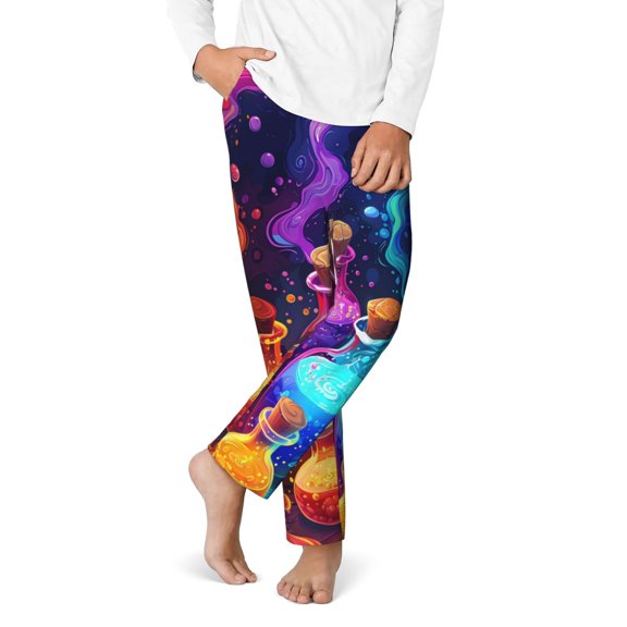 Gukieu Colorful Potion Bottles Magic Print Youth Home Trousers, Elastic Waistband with Pockets for Home and Outing, Suitable for Children Aged 5-16-XS(5-6)